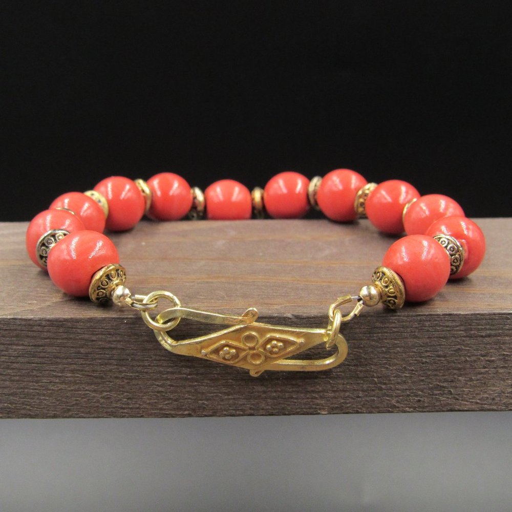 7" Sterling Silver Red Orange Stone Ornate Clasp Bracelet Vintage